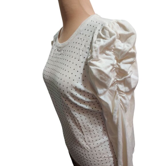 Joseph A L Womens Top Cream Long Sleeve Rhinestone Puff Shoulder Embellished - Picture 11 of 11